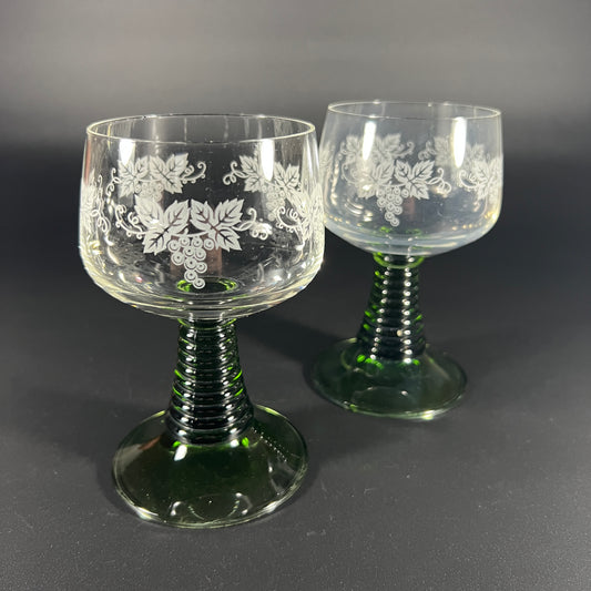 Vintage Green Stemmed Glass Pair