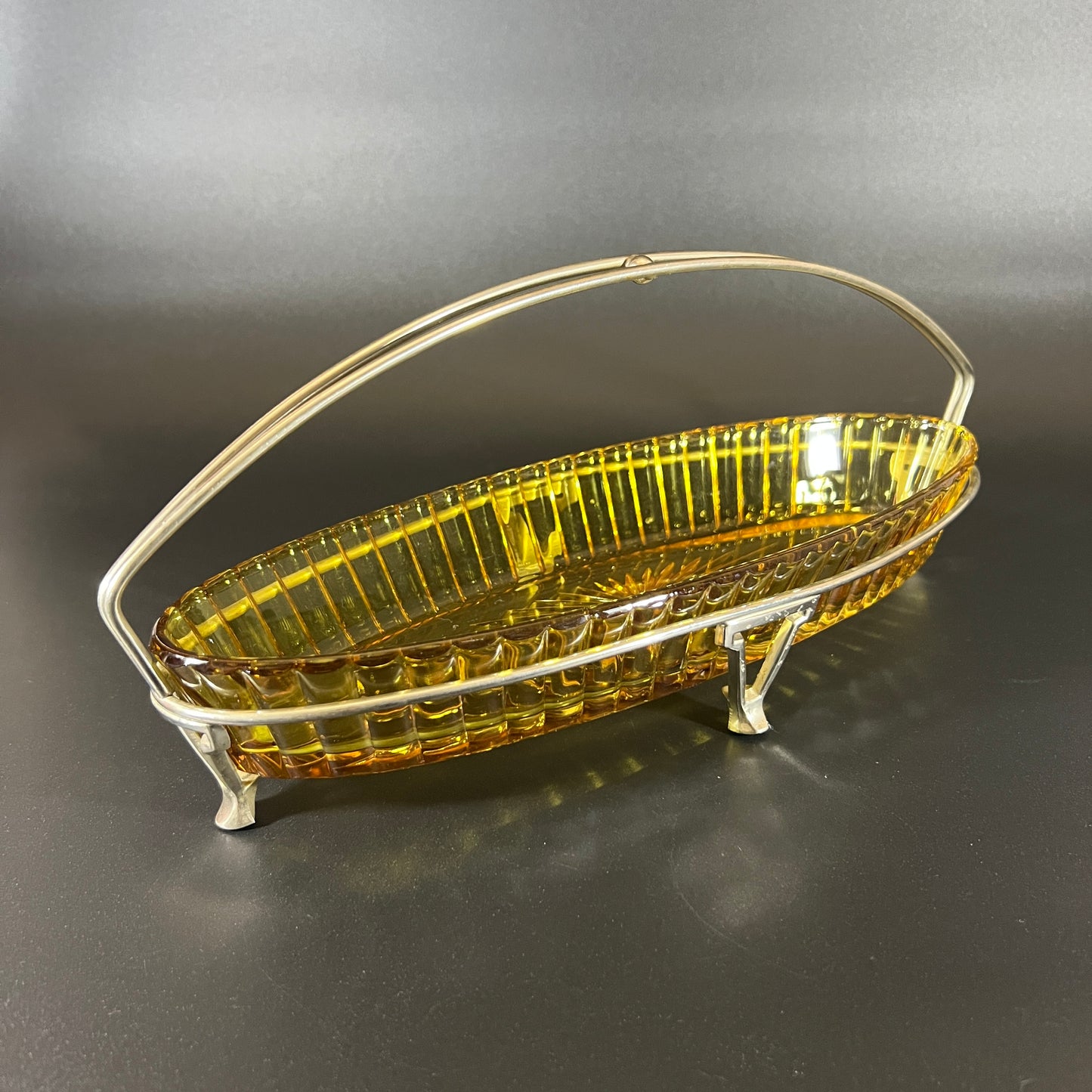 Heisey Coarse Ribbed Amber Glass Tray with Metal Stand