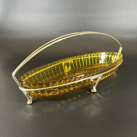 Heisey Coarse Ribbed Amber Glass Tray with Metal Stand