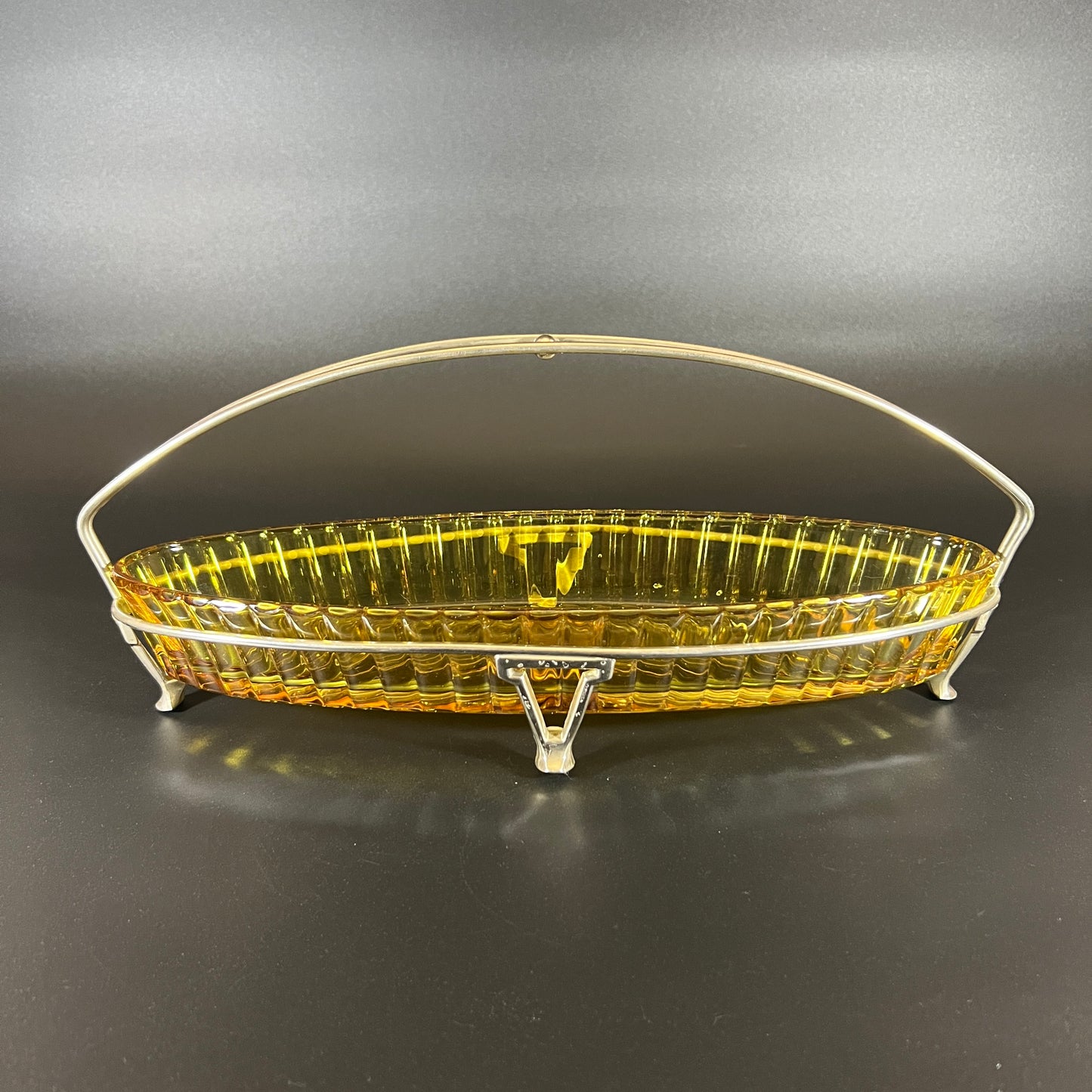 Heisey Coarse Ribbed Amber Glass Tray with Metal Stand