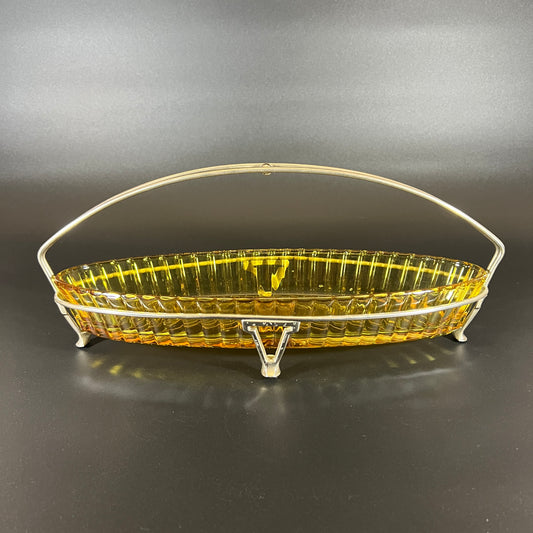 Heisey Coarse Ribbed Amber Glass Tray with Metal Stand