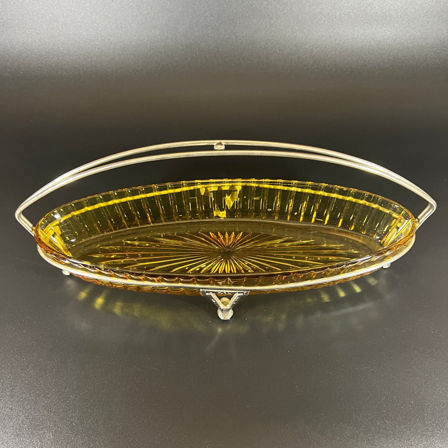 Heisey Coarse Ribbed Amber Glass Tray with Metal Stand
