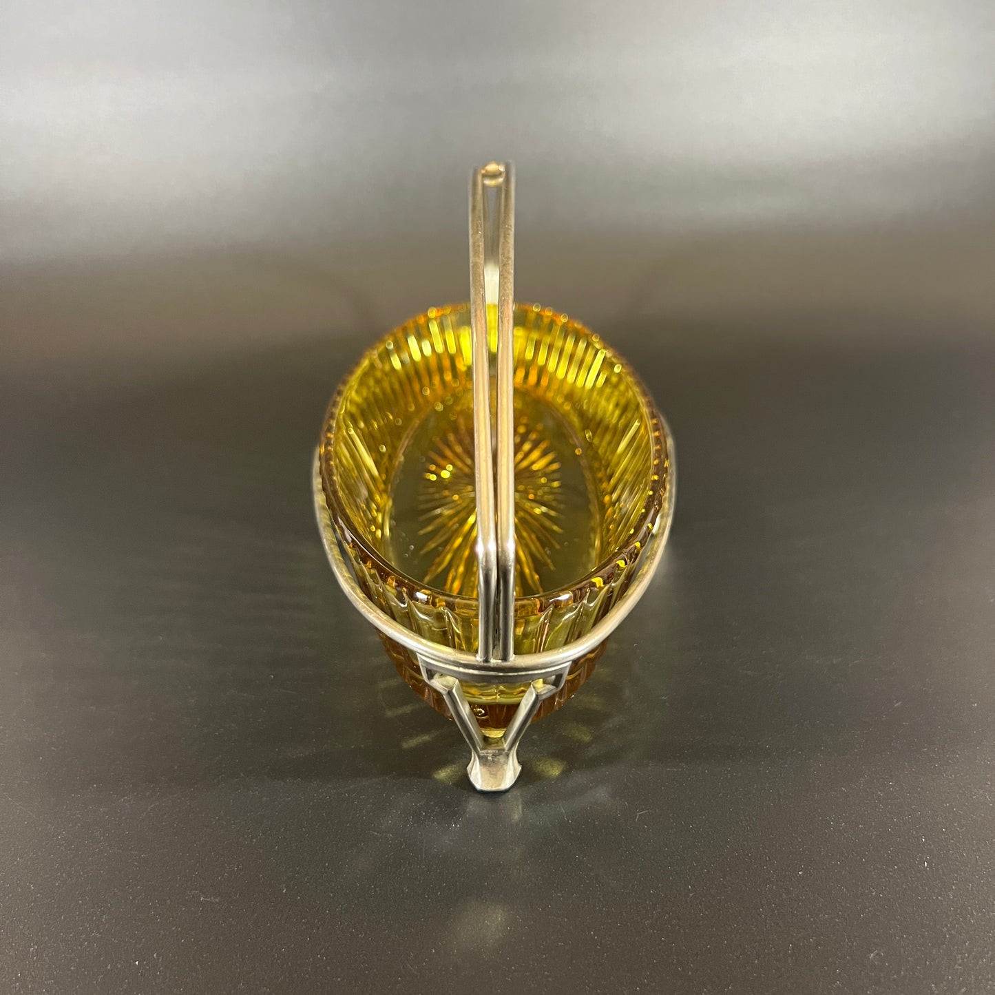 Heisey Coarse Ribbed Amber Glass Tray with Metal Stand