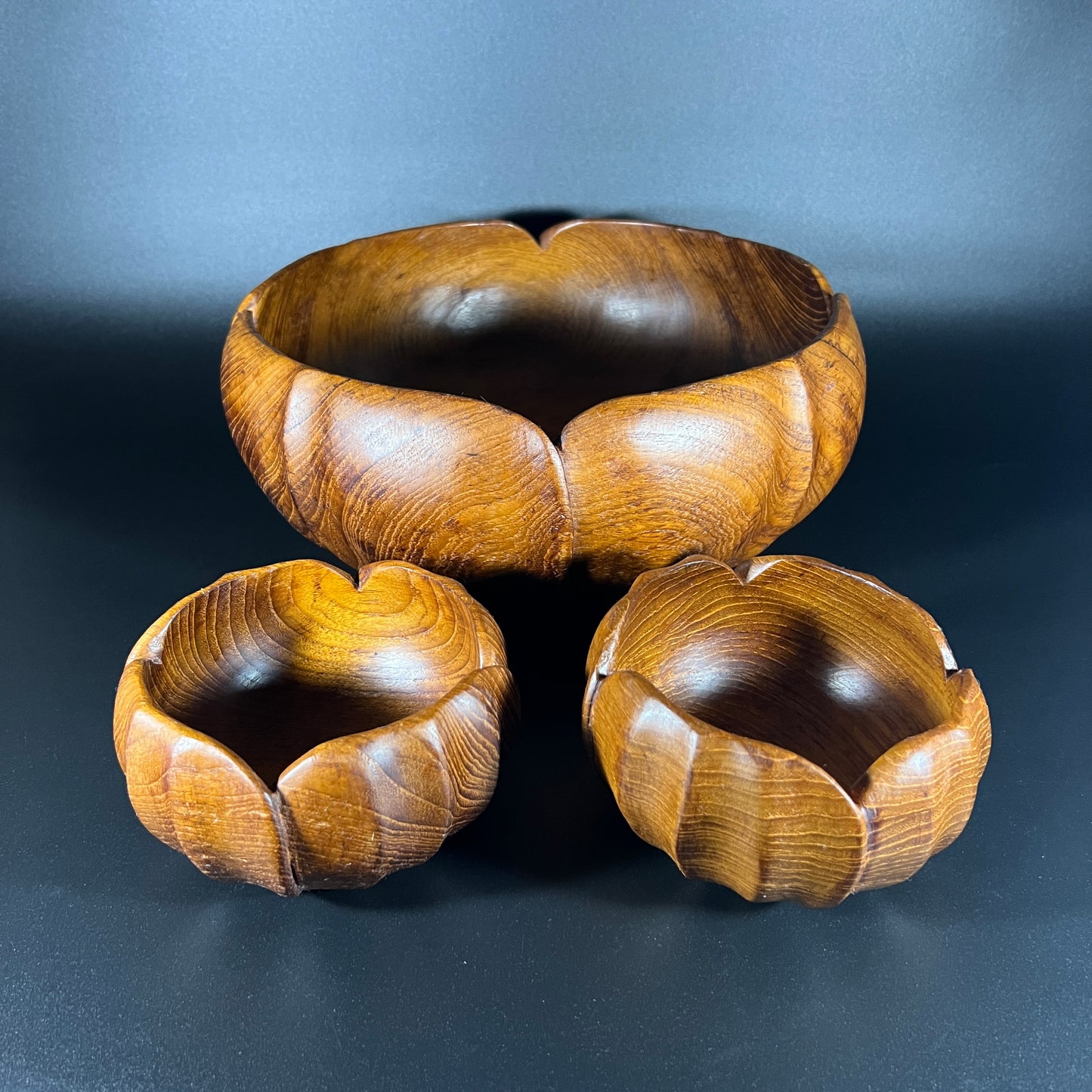 Vintage Wooden Lotus Flower Shaped Teak Bowl Set