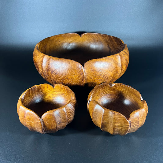 Vintage Wooden Lotus Flower Shaped Teak Bowl Set
