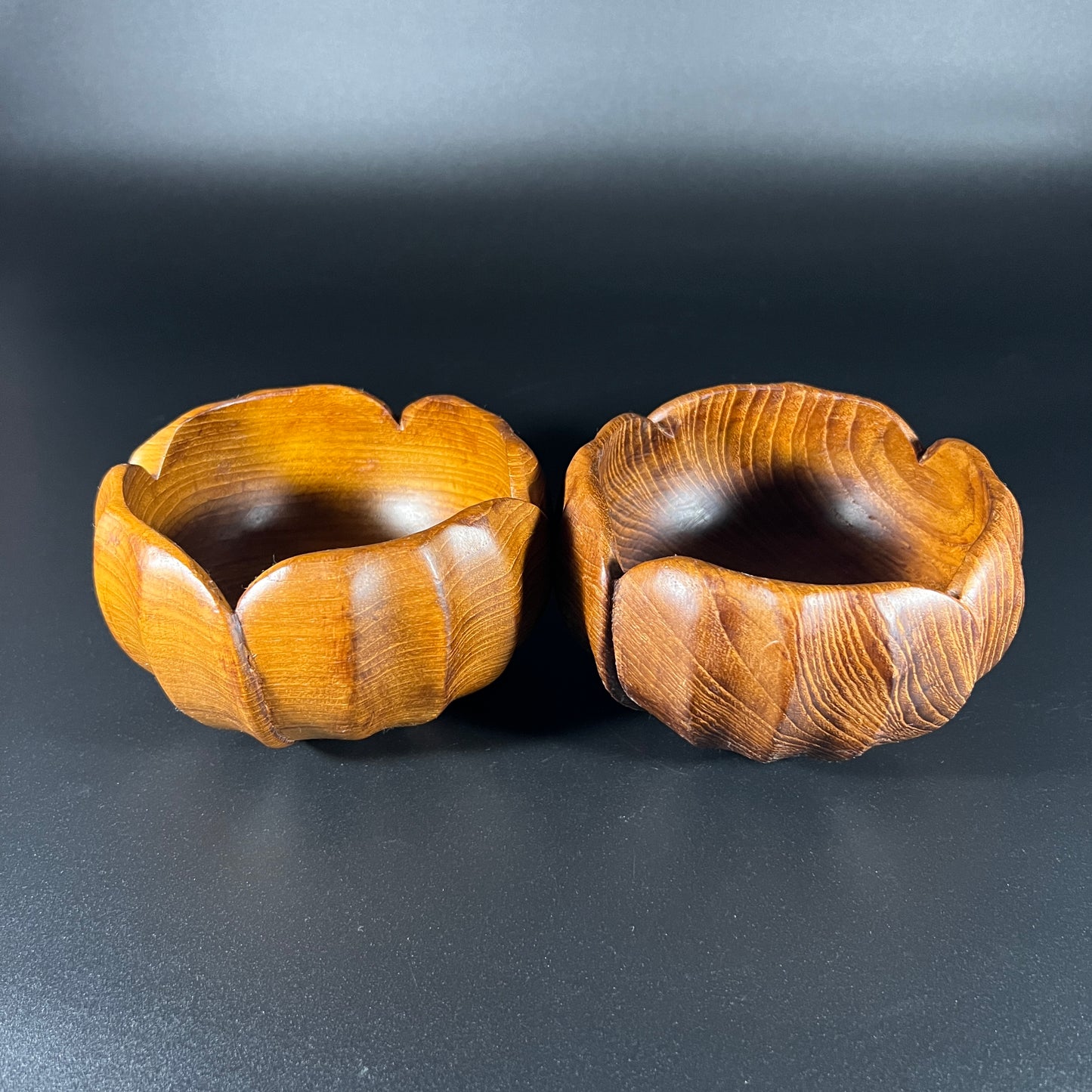 Vintage Wooden Lotus Flower Shaped Teak Bowl Set