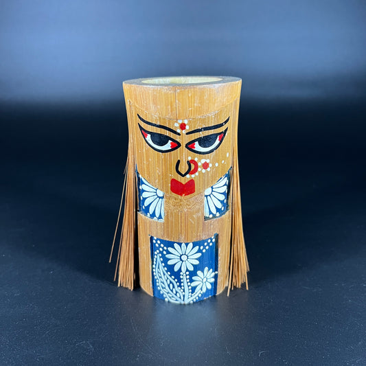 Vintage Painted Bamboo Cup with Frayed Hair