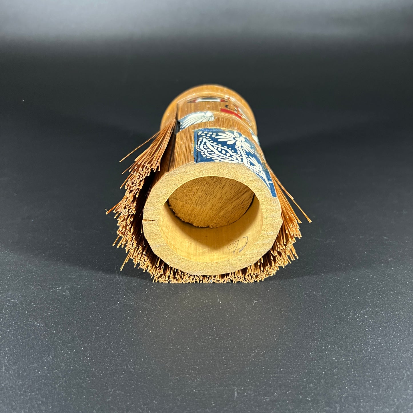 Vintage Painted Bamboo Cup with Frayed Hair