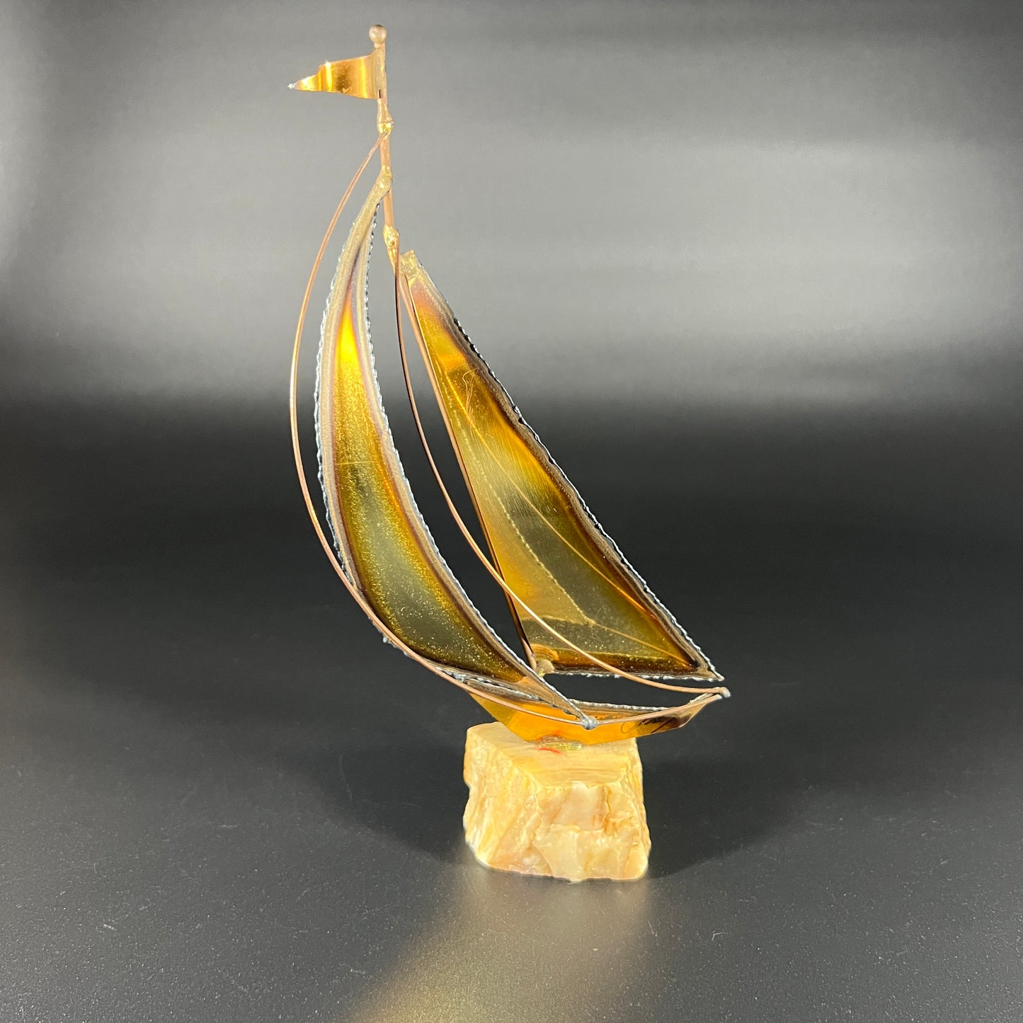 Brass Metal Sailing Boat on Onyx - Signed