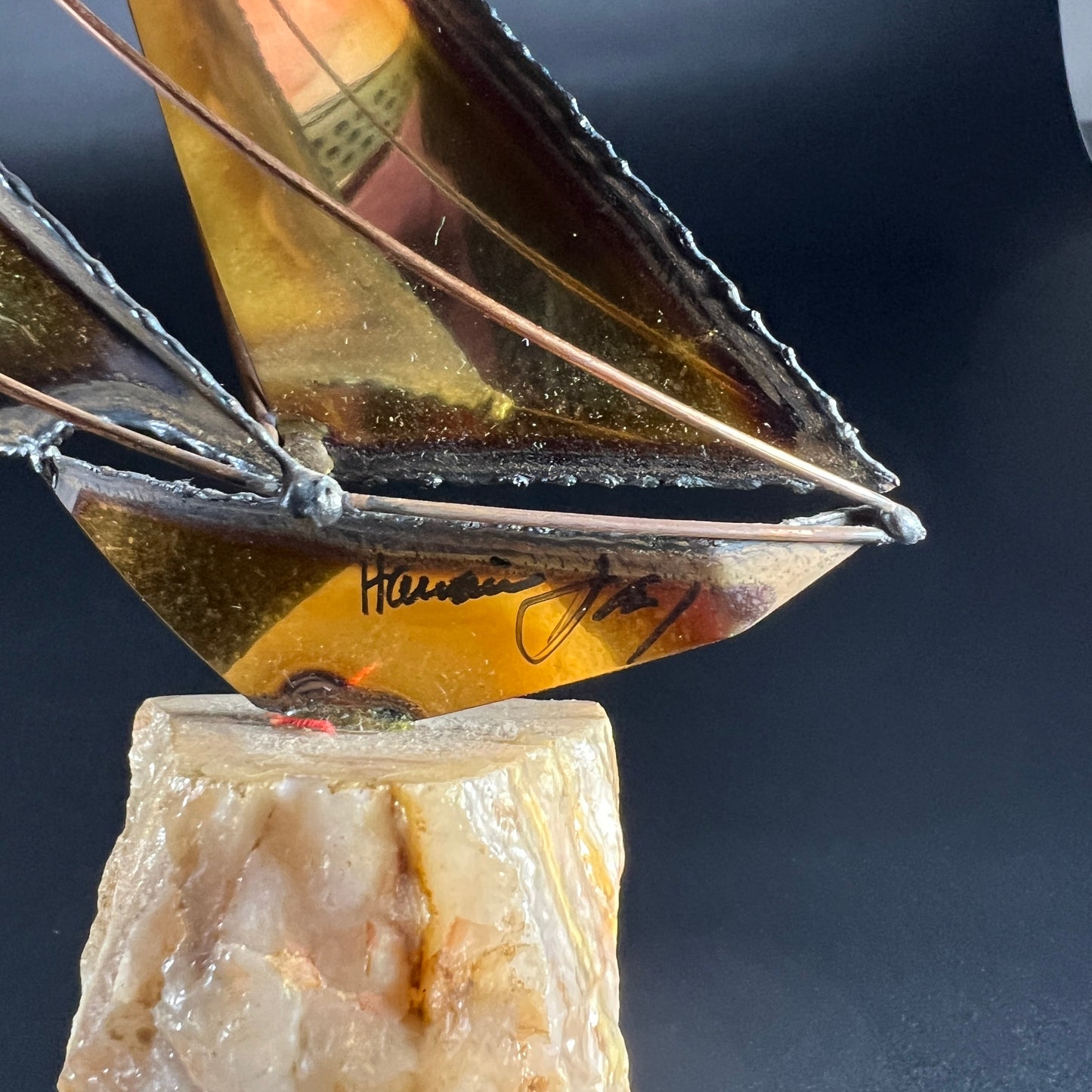 Brass Metal Sailing Boat on Onyx - Signed