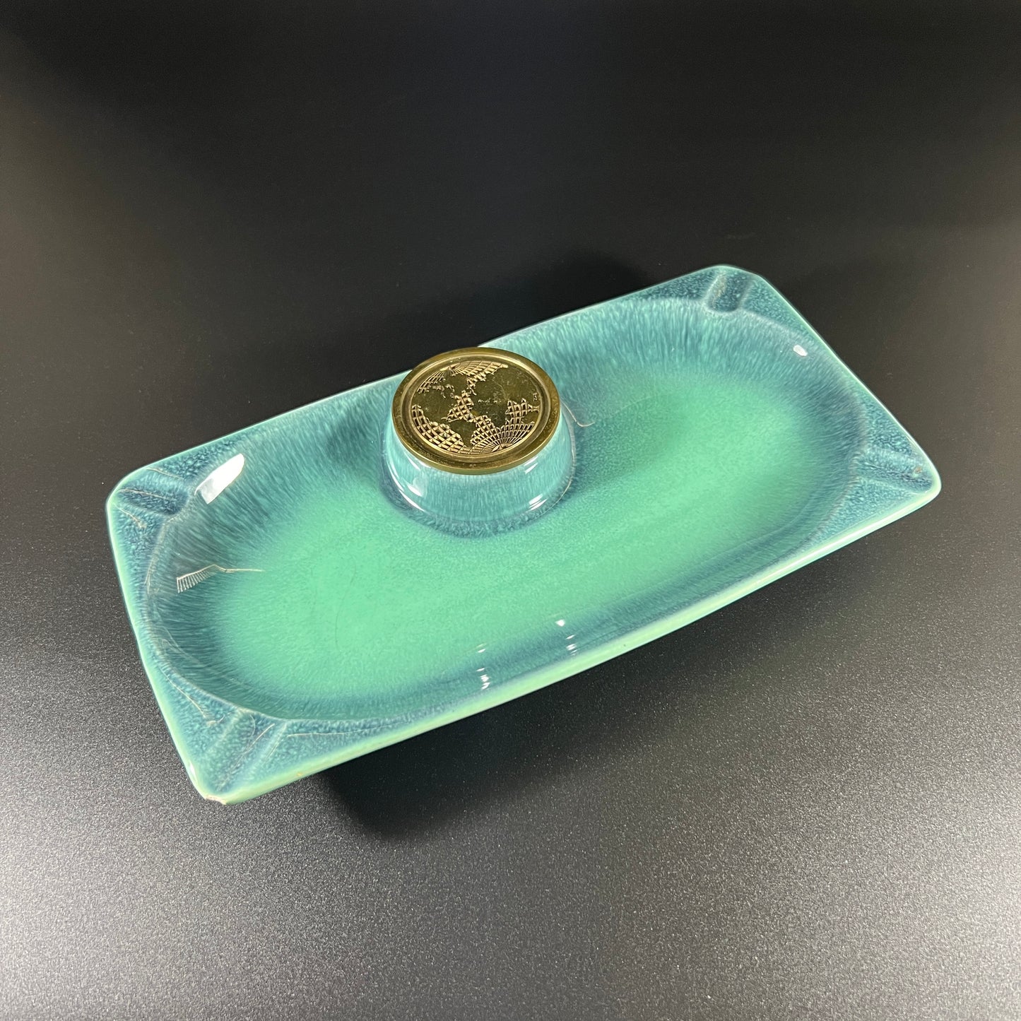 Roseville Pottery Hyde Park Ashtray with Brass Globe