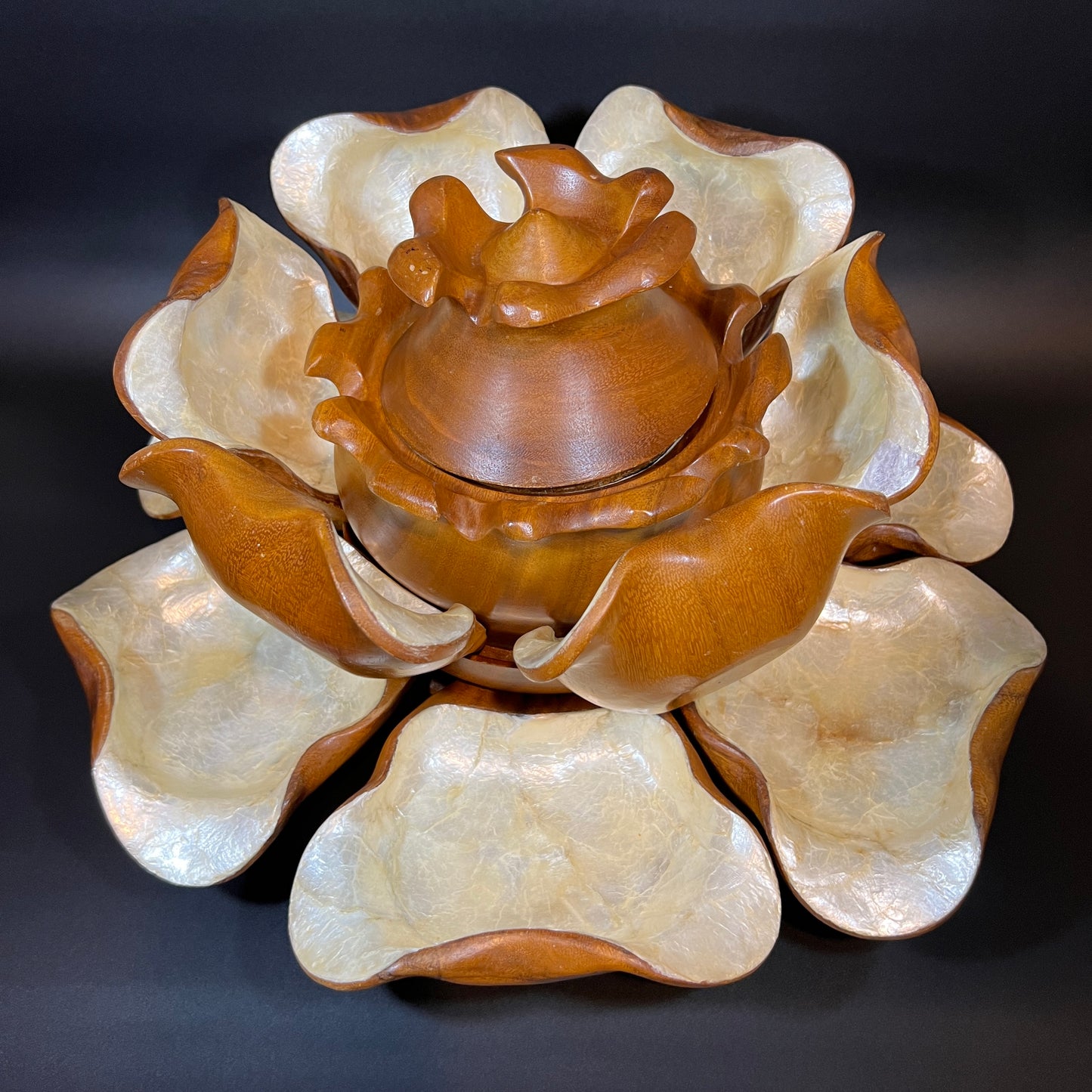 Midcentury Lotus Flower Monkey Pod Server