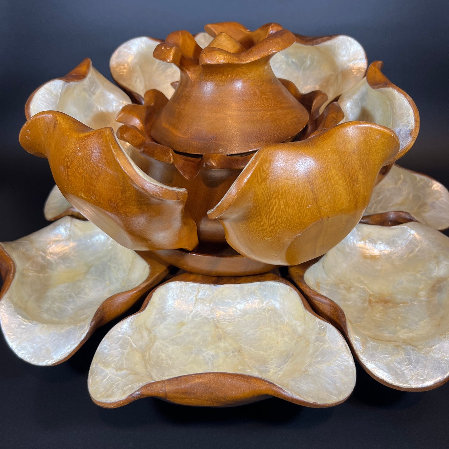 Midcentury Lotus Flower Monkey Pod Server