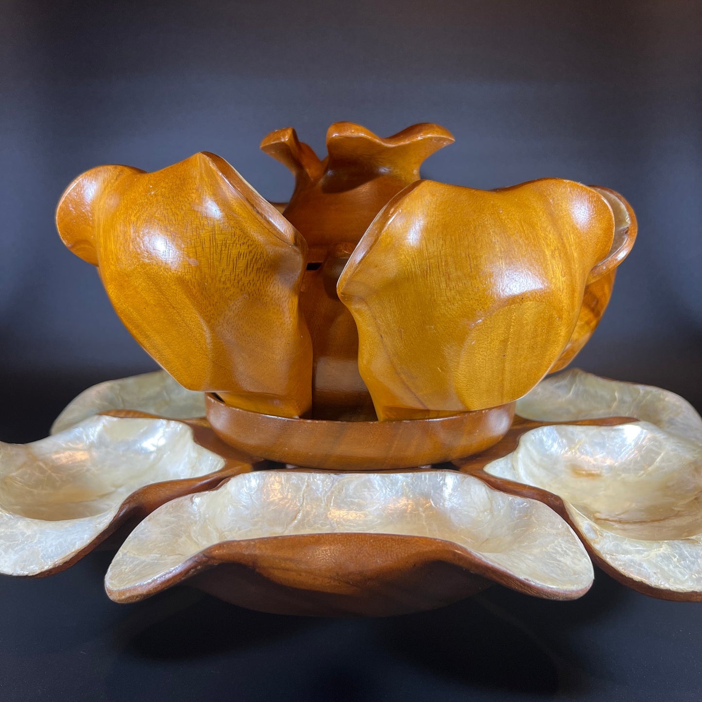 Midcentury Lotus Flower Monkey Pod Server