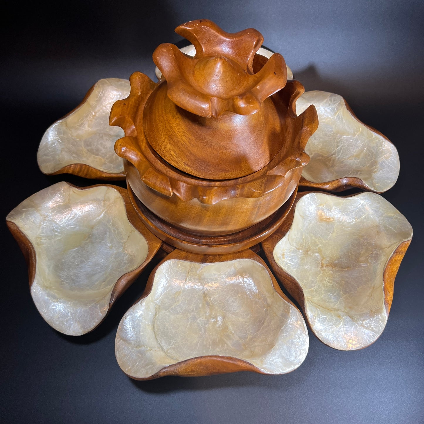 Midcentury Lotus Flower Monkey Pod Server