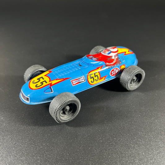 Vintage Tin Friction Blue Race Car #55