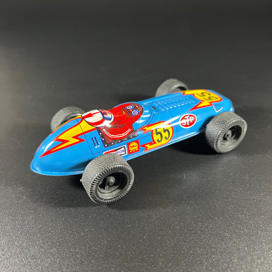 Vintage Tin Friction Blue Race Car #55