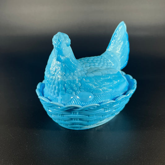 Heisy Blue Slag Glass Hen in a Basket