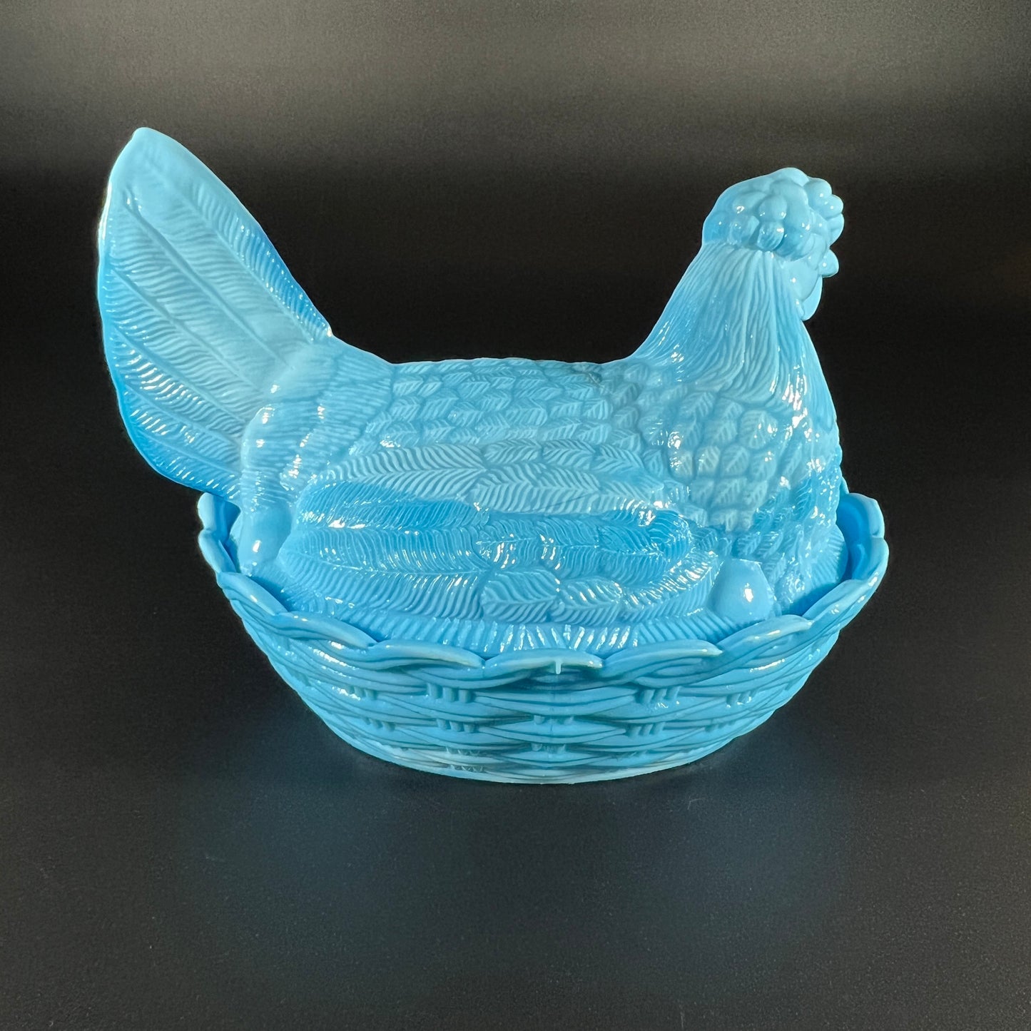 Heisy Blue Slag Glass Hen in a Basket