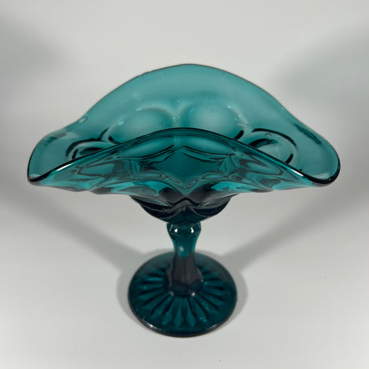 Vintage Teal Glass Pedestal Candy Dish