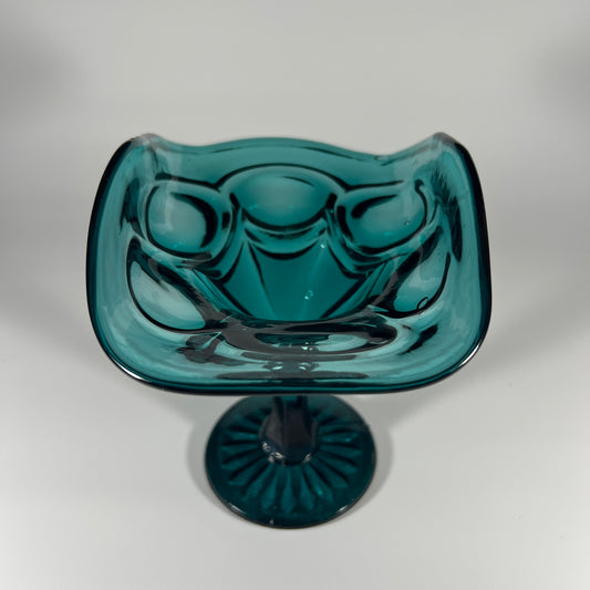 Vintage Teal Glass Pedestal Candy Dish