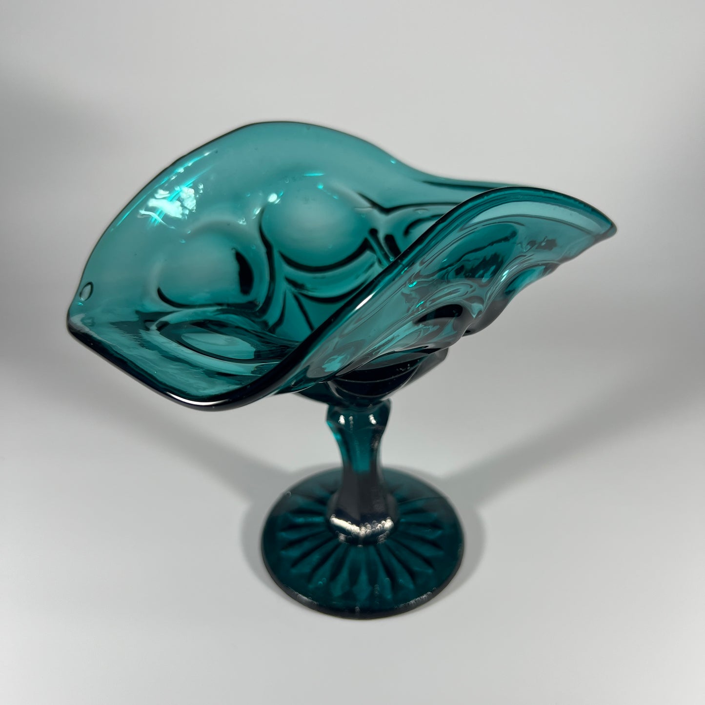 Vintage Teal Glass Pedestal Candy Dish