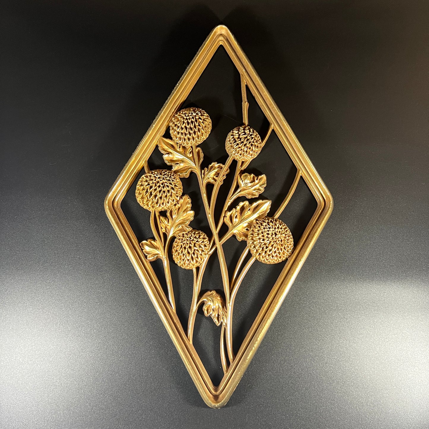 Vintage Diamond-Shaped Gold Syroco Flower Wall Plaque