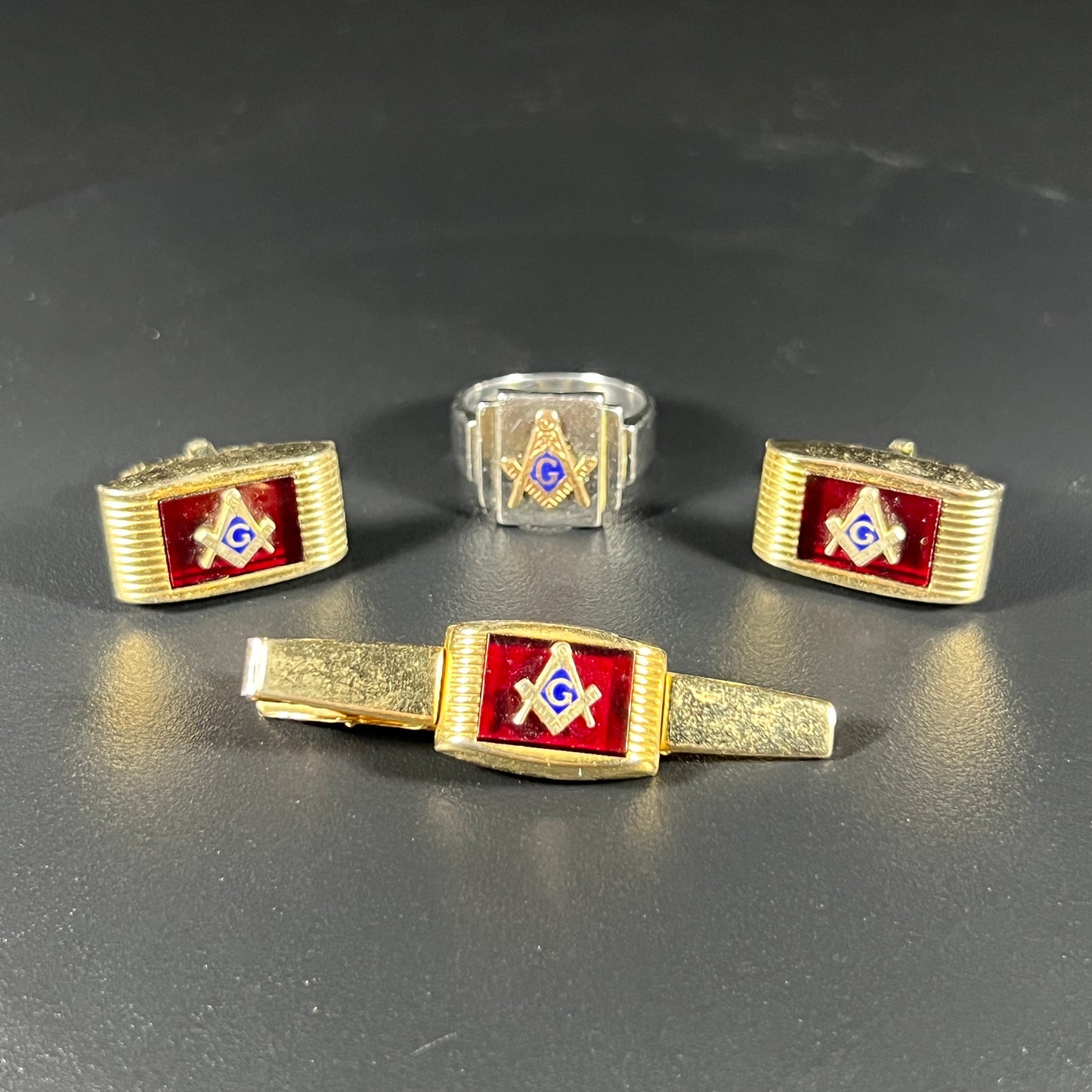Vintage Masonic Ring, Cufflinks, Tie Clip Set