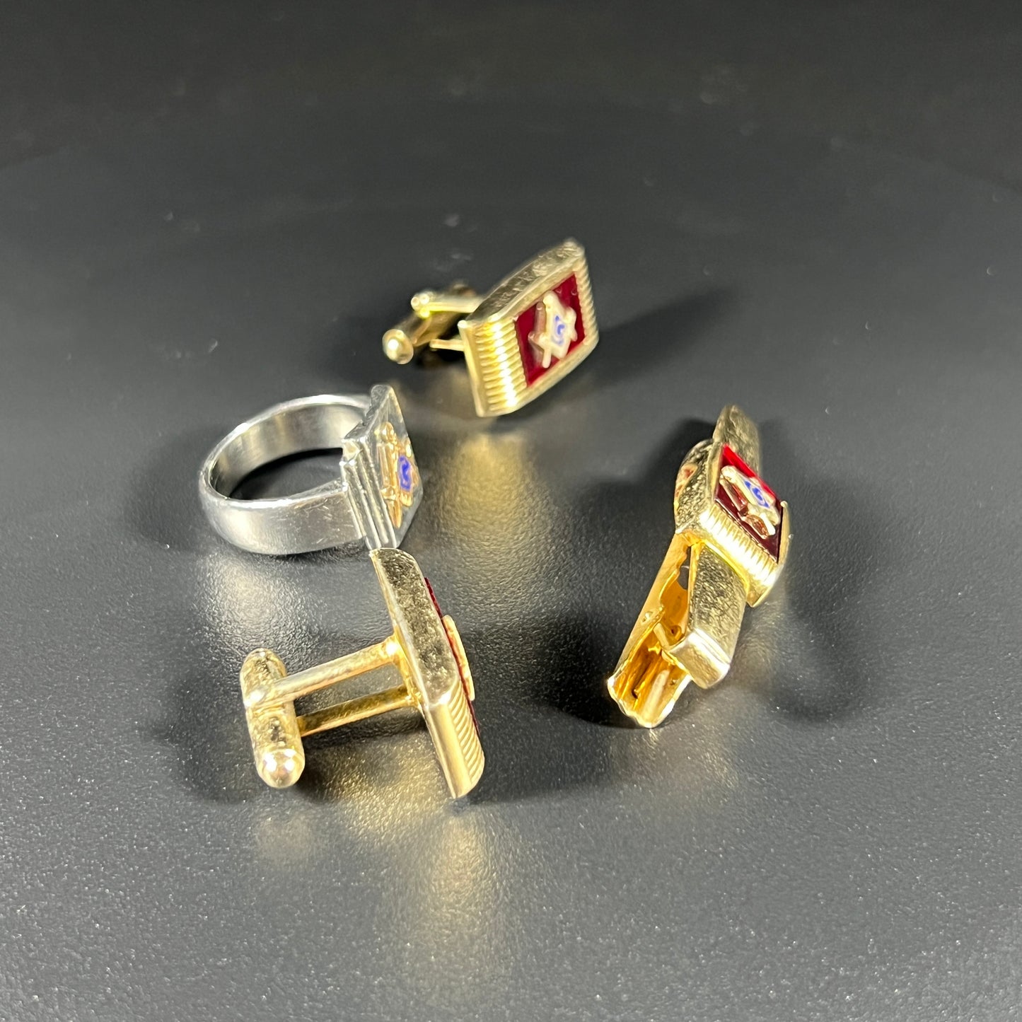 Vintage Masonic Ring, Cufflinks, Tie Clip Set