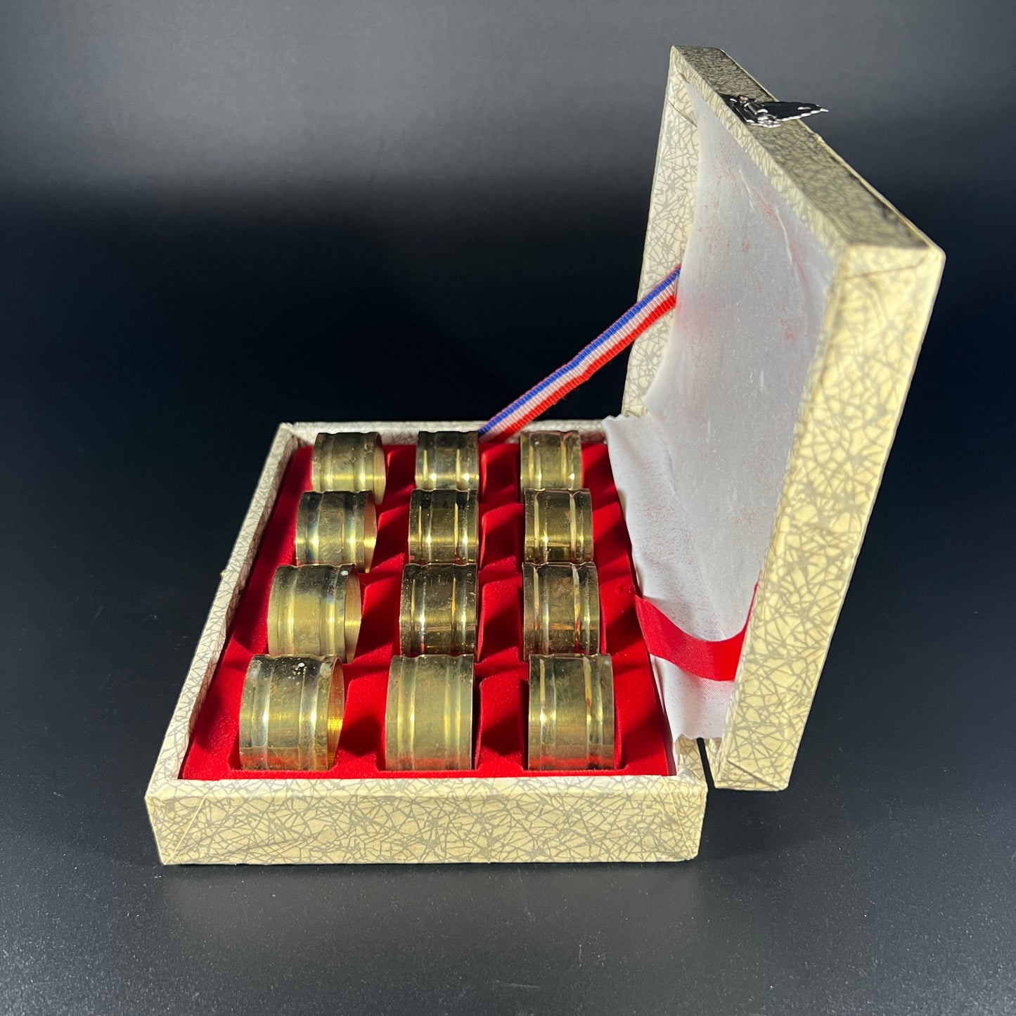 Vintage Brass Napkin Rings Holders In Original Case (set of 12)