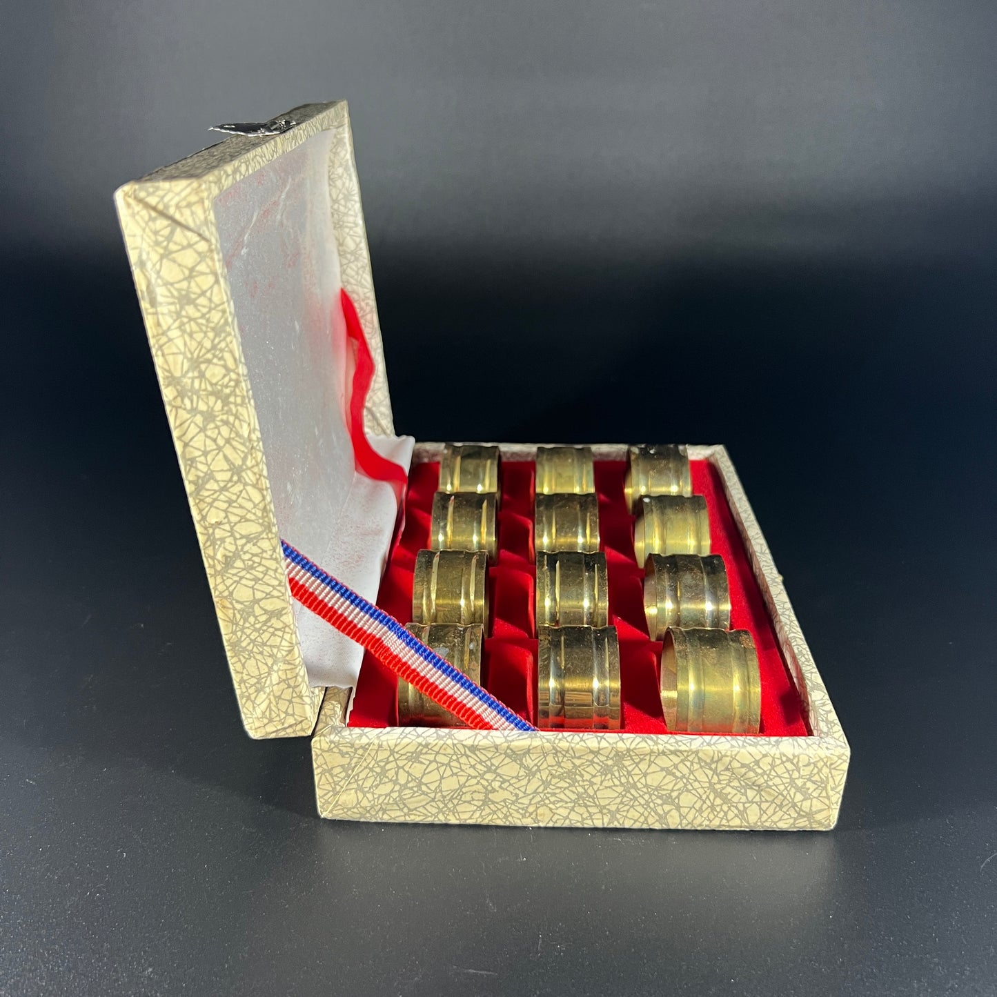 Vintage Brass Napkin Rings Holders In Original Case (set of 12)