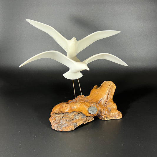 Vintage John Perry Dual Seagull Sculpture on Burl Wood Base