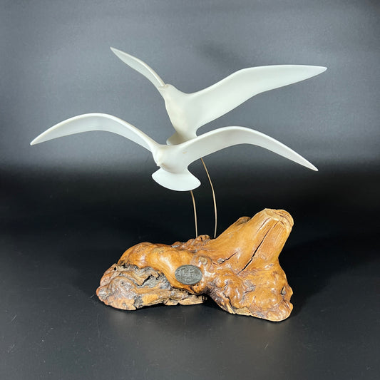 Vintage John Perry Dual Seagull Sculpture on Burl Wood Base
