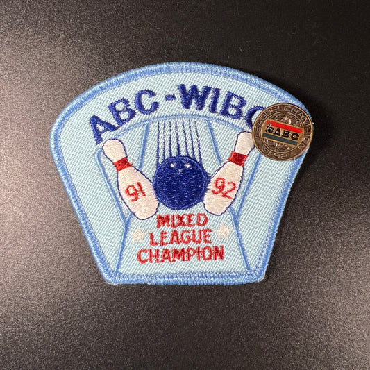 Vintage 1991–1992 ABC-WIBC Mixed League Champion Patch & Pin Set