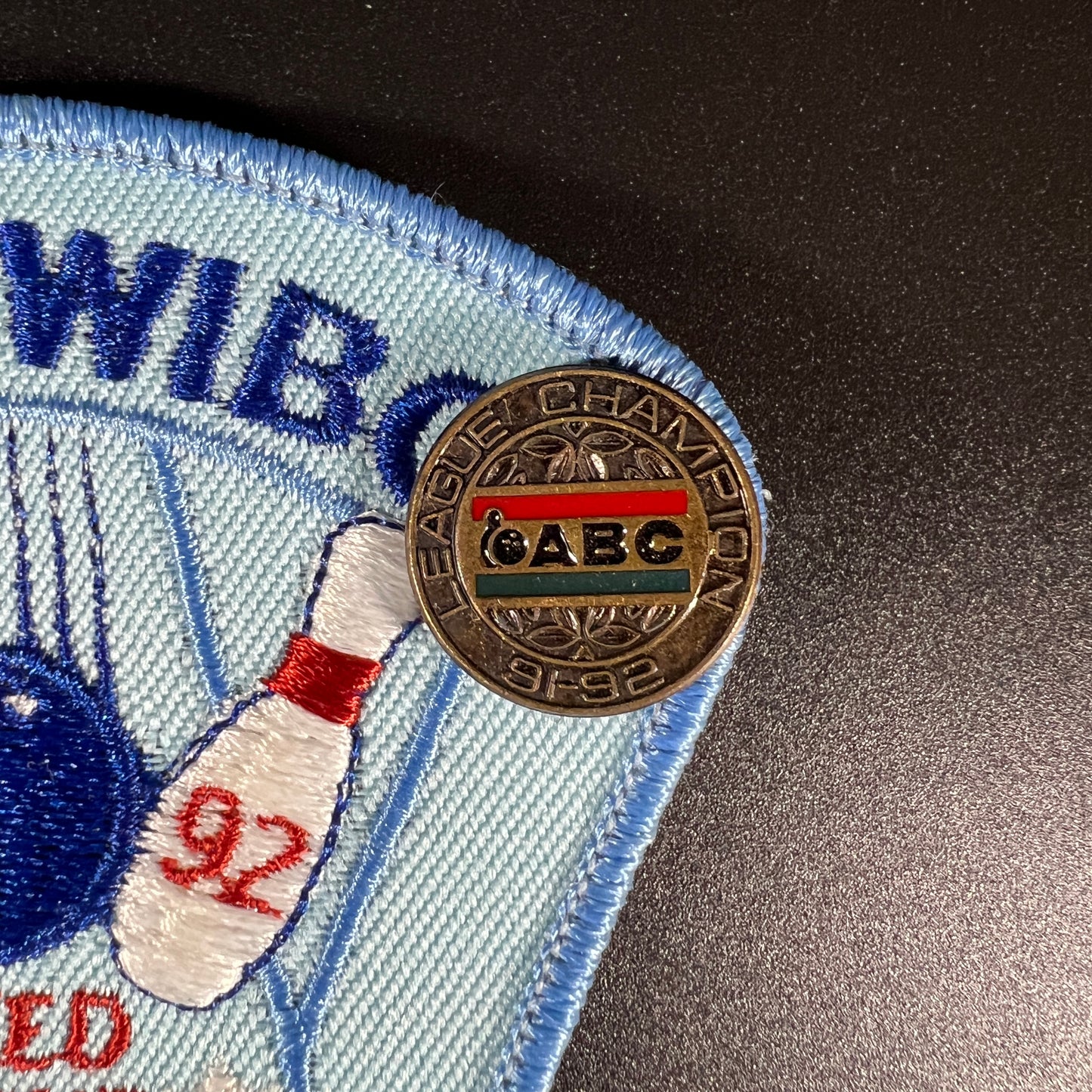 Vintage 1991–1992 ABC-WIBC Mixed League Champion Patch & Pin Set