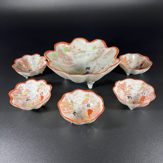 Antique Hand-Painted Japanese Kutani Porcelain Bowl Set