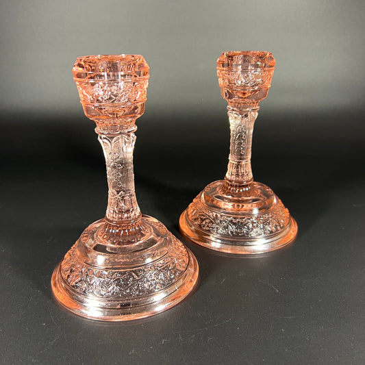 Vintage Fenton Pink Art Glass Candle Holders – Set of 2 – Rare Floral Band Pattern