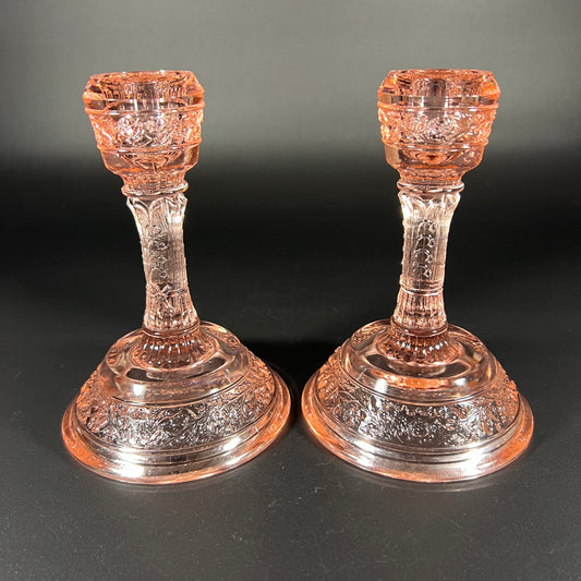 Vintage Fenton Pink Art Glass Candle Holders – Set of 2 – Rare Floral Band Pattern