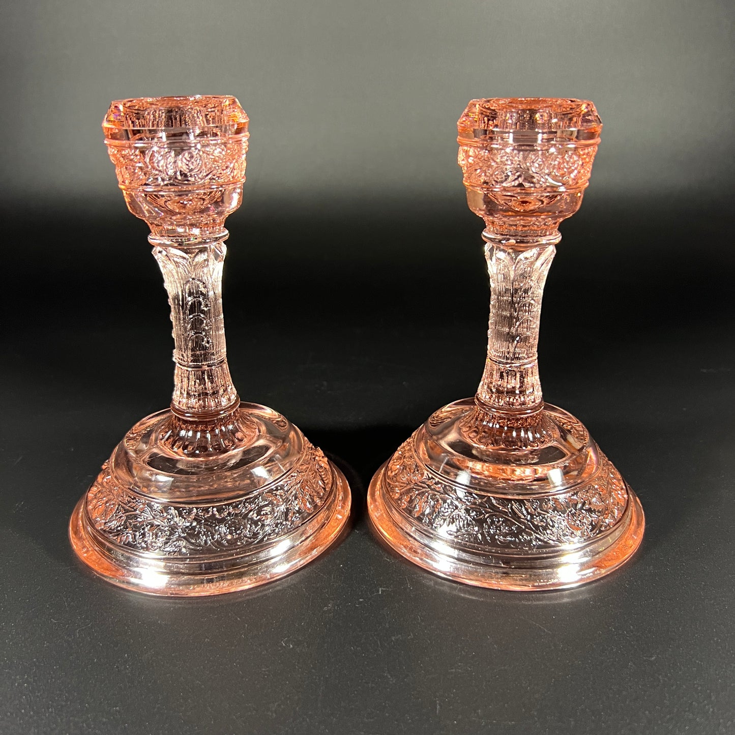 Vintage Fenton Pink Art Glass Candle Holders – Set of 2 – Rare Floral Band Pattern