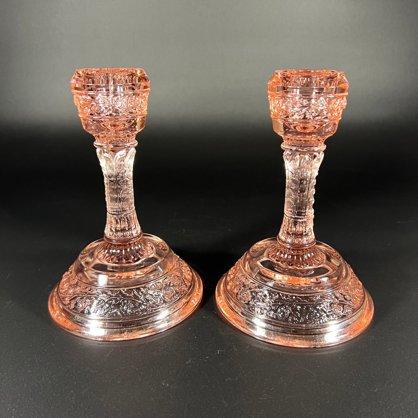 Vintage Fenton Pink Art Glass Candle Holders – Set of 2 – Rare Floral Band Pattern