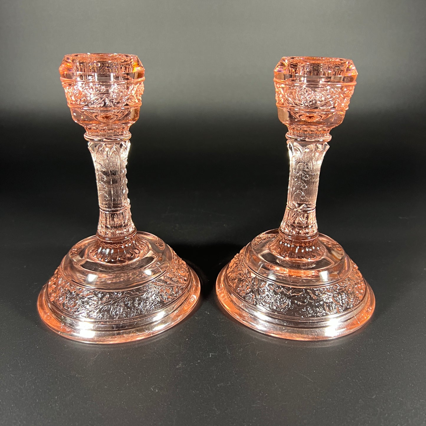 Vintage Fenton Pink Art Glass Candle Holders – Set of 2 – Rare Floral Band Pattern