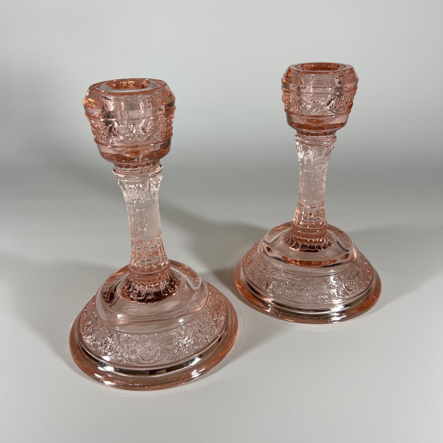 Vintage Fenton Pink Art Glass Candle Holders – Set of 2 – Rare Floral Band Pattern