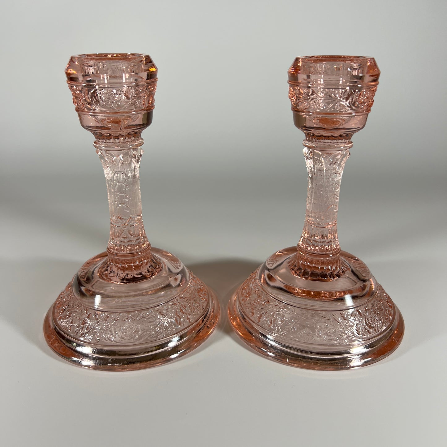 Vintage Fenton Pink Art Glass Candle Holders – Set of 2 – Rare Floral Band Pattern