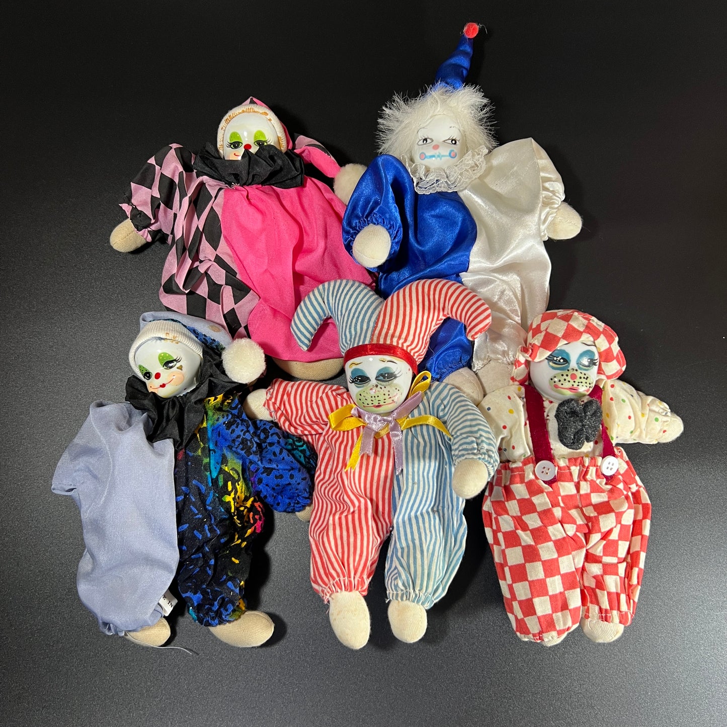 Whimsical Whimsical Vintage Set of 5 Porcelain Sandbag Clown Dolls – 6” Tall
