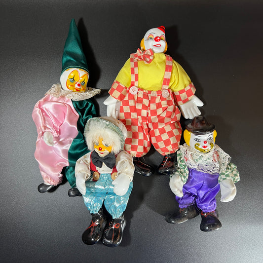 Whimsical Set of 4 Vintage Clown Dolls – Porcelain Head, Hands & Feet