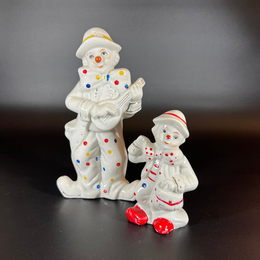 Vintage Glossy White Clown Figurines with Polka Dots – Set of 2