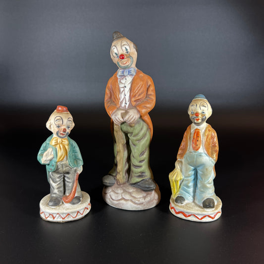 Vintage Set of 3 Hand-Painted Porcelain Clown Figurines
