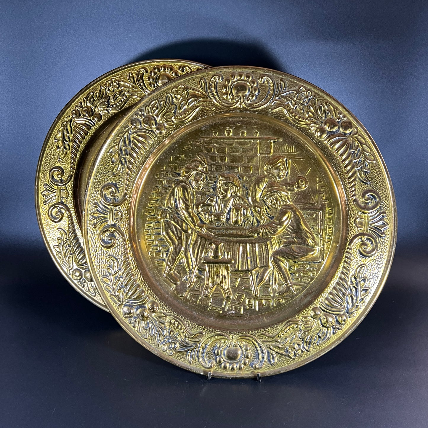 Vintage Embossed Brass Tavern Scene Wall Plates - Set of 2