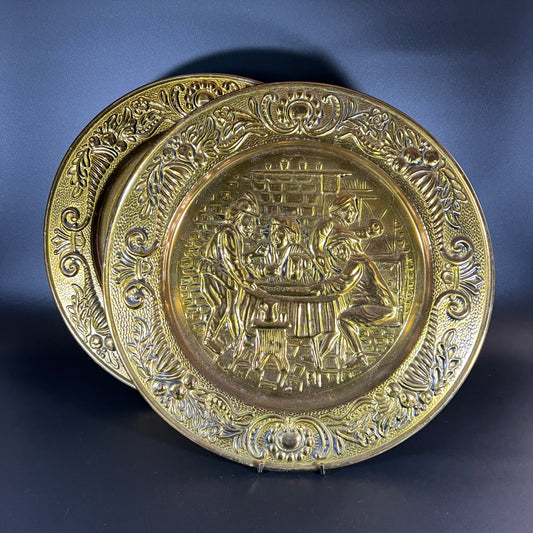 Vintage Embossed Brass Tavern Scene Wall Plates - Set of 2