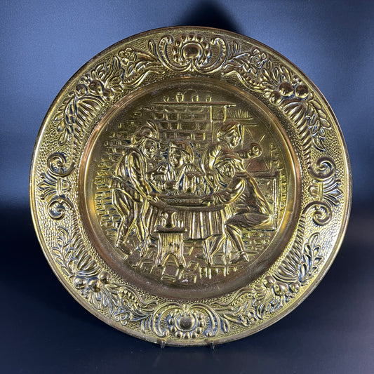 Vintage Embossed Brass Tavern Scene Wall Plates - Set of 2
